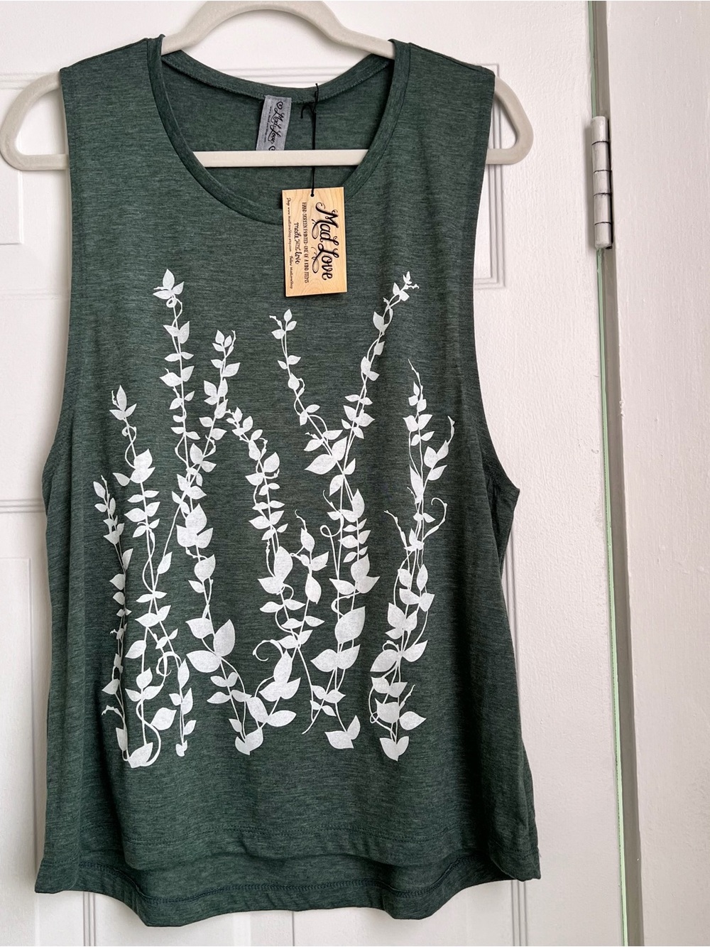 Mad Love Forest Green Muscle Tank with White Vine Print
